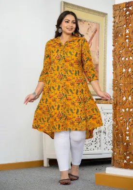 Yellow Floral Printed Plus Size Cotton Kurta (Set Of 1)