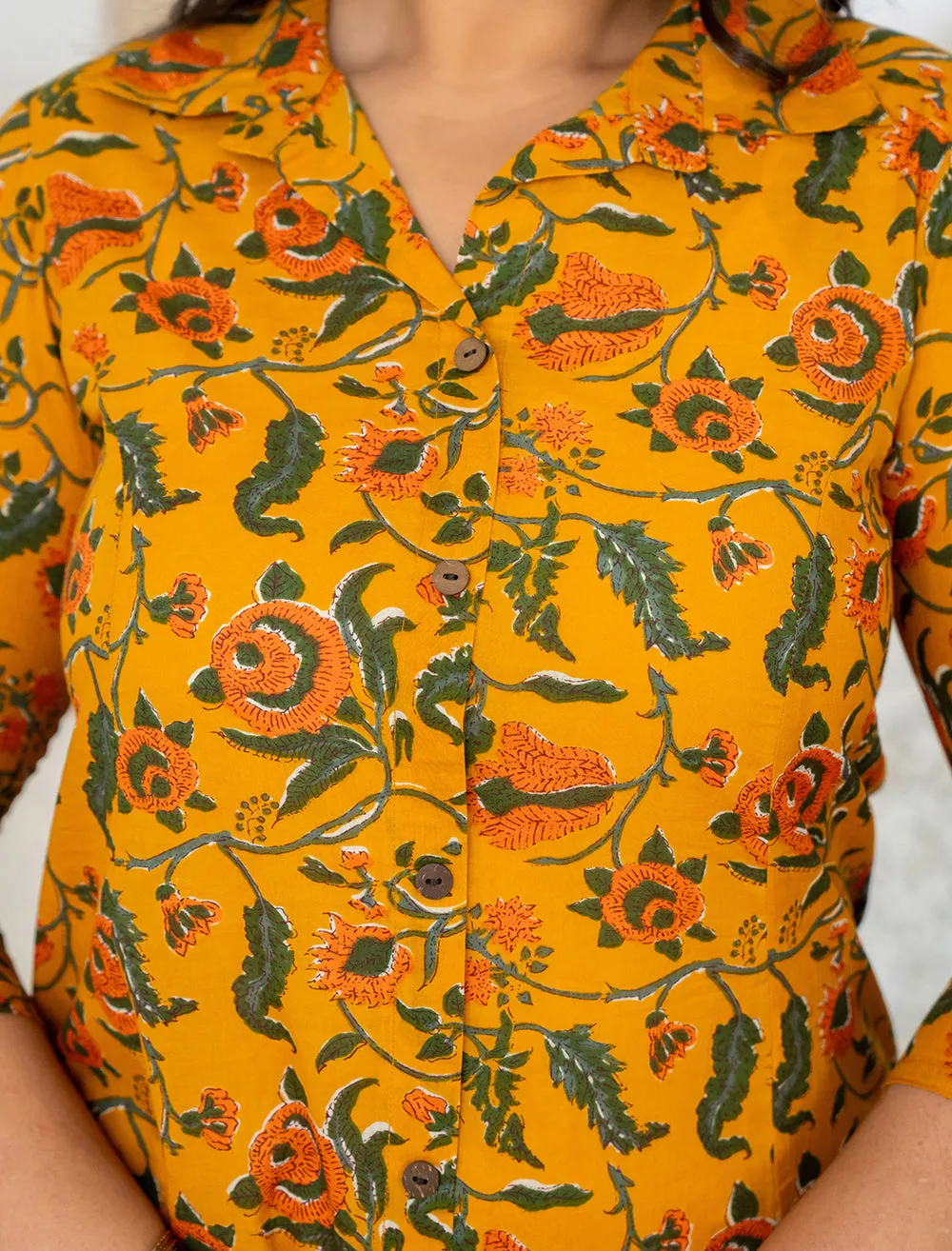 Yellow Floral Printed Plus Size Cotton Kurta (Set Of 1)