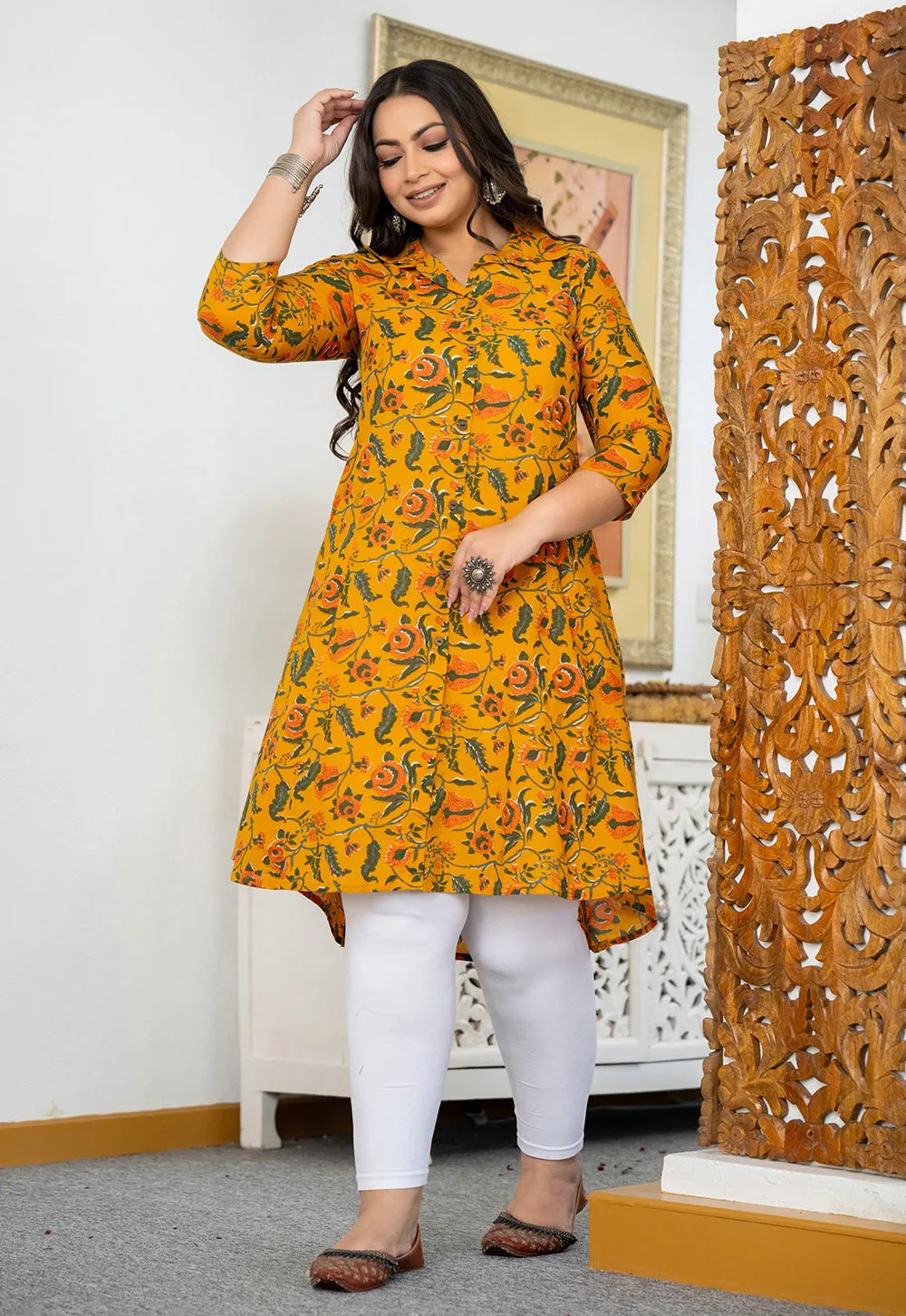 Yellow Floral Printed Plus Size Cotton Kurta (Set Of 1)